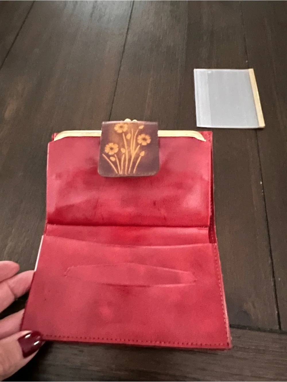 Vintage baronet Red Suede Wallet with Floral Snap Closure